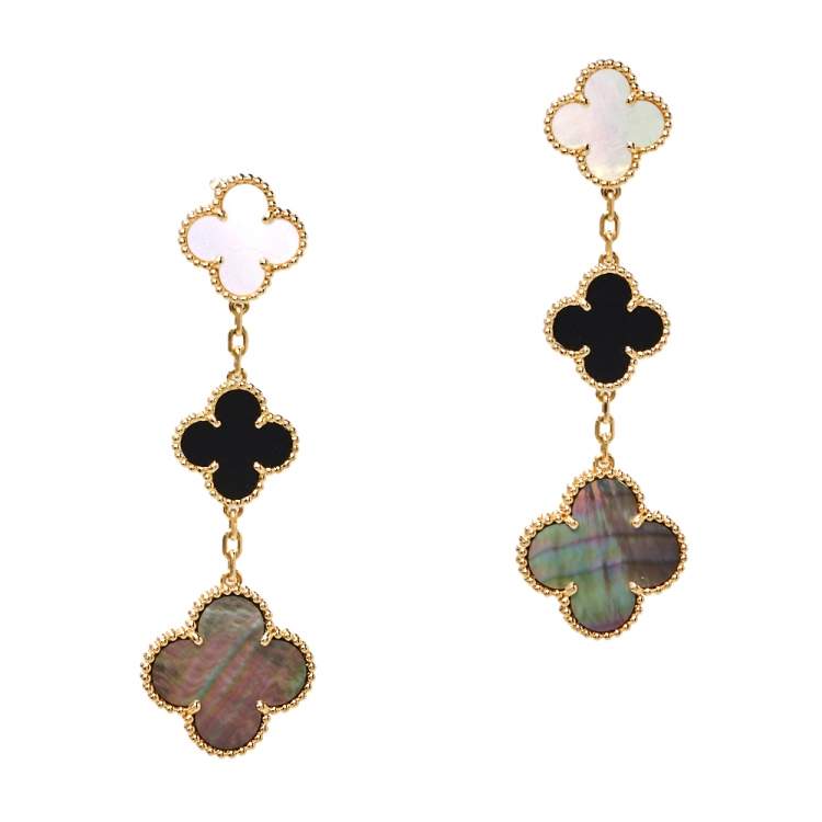 Pre Owned Van Cleef & Arpels Magic Alhambra Mother of Pearl Onyx 18K Yellow Gold Earrings