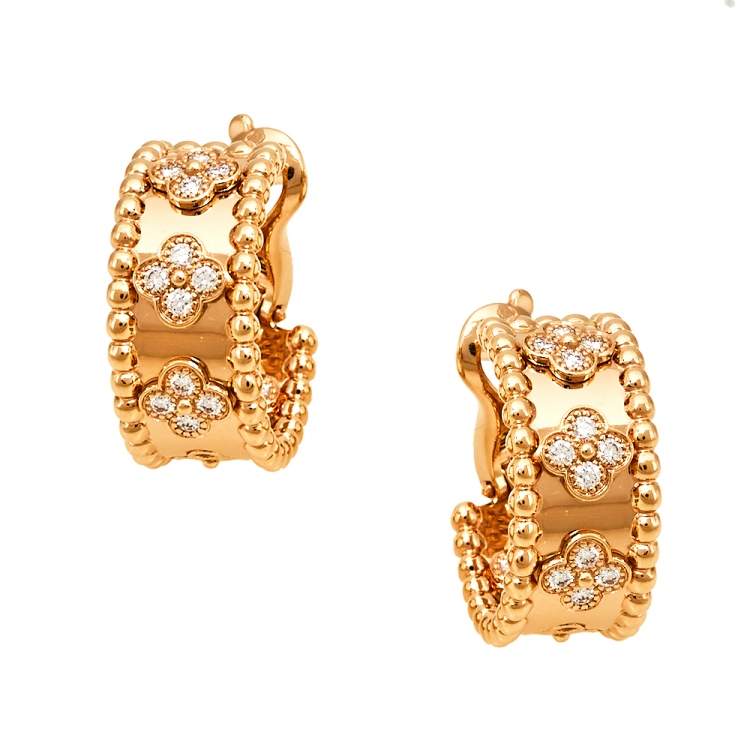 Pre Owned Van Cleef & Arpels Perlée Clover Diamond 18K Rose Gold Hoop Earrings