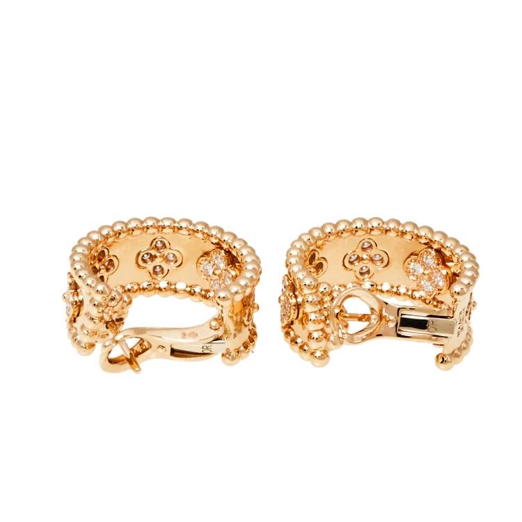 Pre Owned Van Cleef & Arpels Perlée Clover Diamond 18K Rose Gold Hoop Earrings
