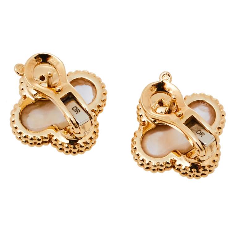 Pre Owned Van Cleef & Arpels Vintage Alhambra Mother of Pearl 18k Yellow Gold Clip-on Stud Earrings