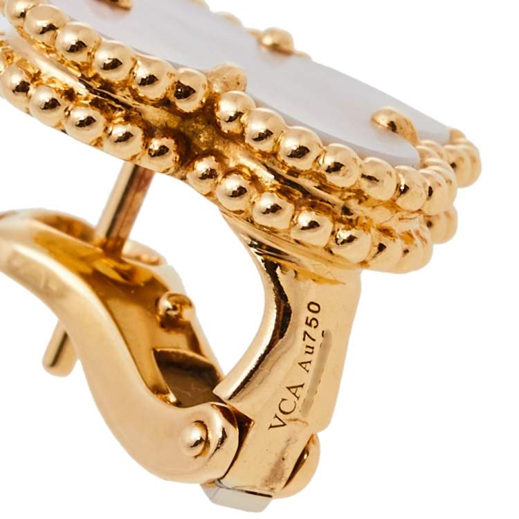 Pre Owned Van Cleef & Arpels Vintage Alhambra Mother of Pearl 18k Yellow Gold Clip-on Stud Earrings