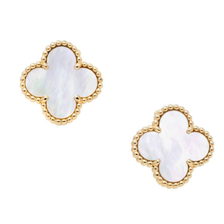 Pre Owned Van Cleef & Arpels Vintage Alhambra Mother of Pearl 18K Yellow Gold Earrings
