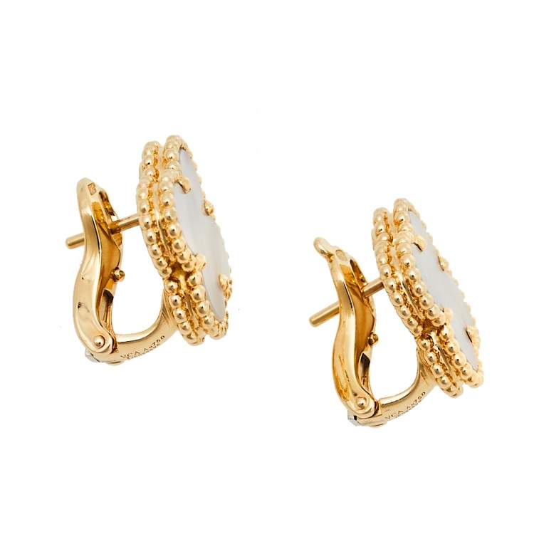 Pre Owned Van Cleef & Arpels Vintage Alhambra Mother of Pearl 18K Yellow Gold Earrings