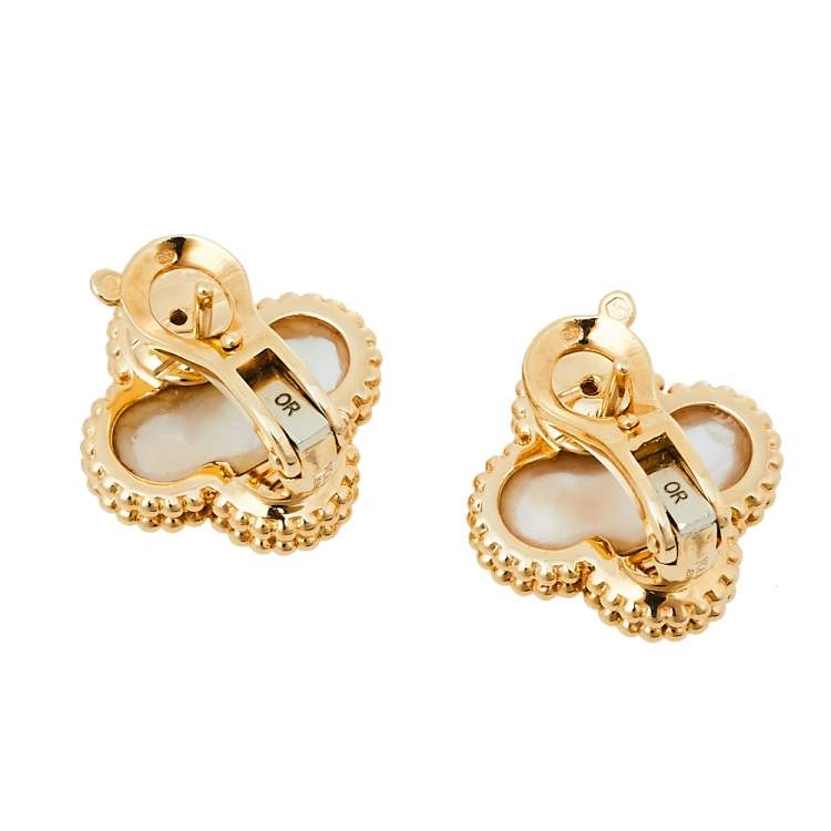 Pre Owned Van Cleef & Arpels Vintage Alhambra Mother of Pearl 18K Yellow Gold Earrings