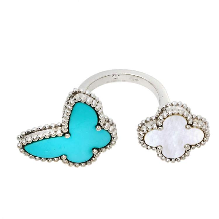 Pre Owned Van Cleef & Arpels Lucky Alhambra Turquoise Mother of Pearl 18k White Gold Between the Finger Ring Size 53