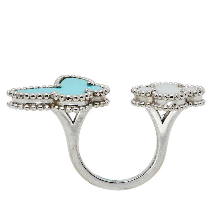 Pre Owned Van Cleef & Arpels Lucky Alhambra Turquoise Mother of Pearl 18k White Gold Between the Finger Ring Size 53