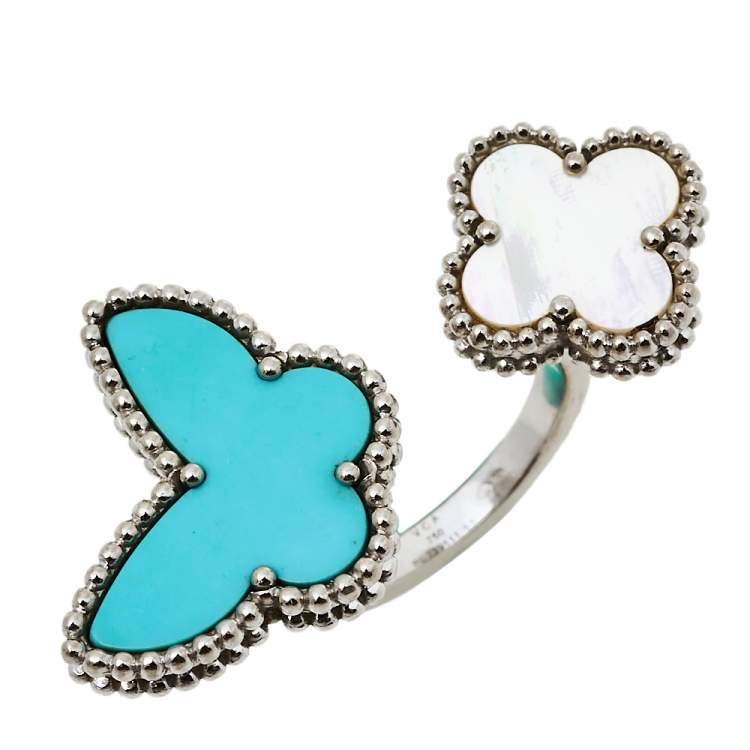 Pre Owned Van Cleef & Arpels Lucky Alhambra Turquoise Mother of Pearl 18k White Gold Between the Finger Ring Size 53
