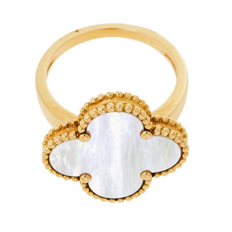 Pre Owned Van Cleef & Arpels Magic Alhambra Mother of Pearl 18K Yellow Gold Ring Size 54