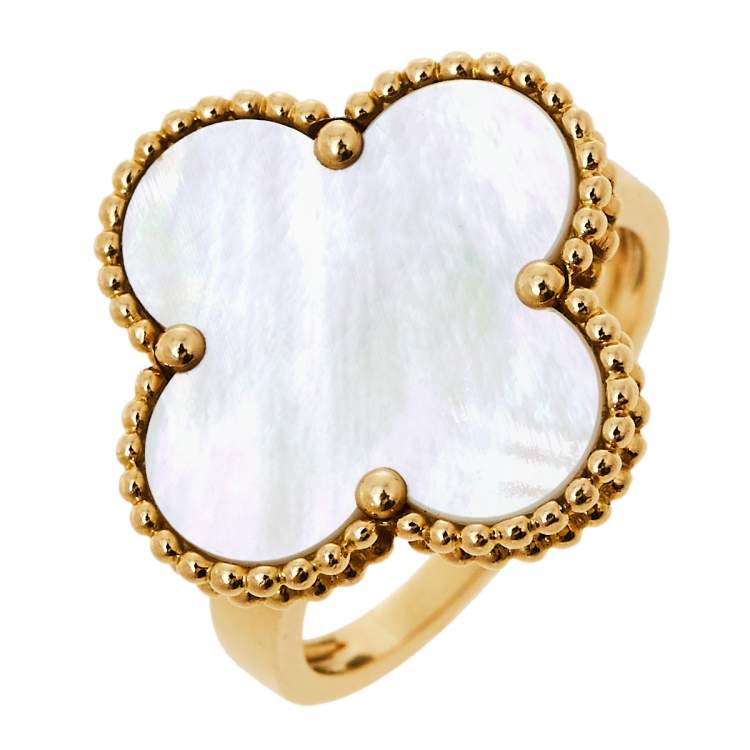 Pre Owned Van Cleef & Arpels Magic Alhambra Mother of Pearl 18K Yellow Gold Ring Size 54