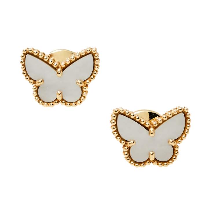 Pre Owned Van Cleef & Arpels Sweet Alhambra Butterfly Mother of Pearl 18K Yellow Gold Stud Earrings