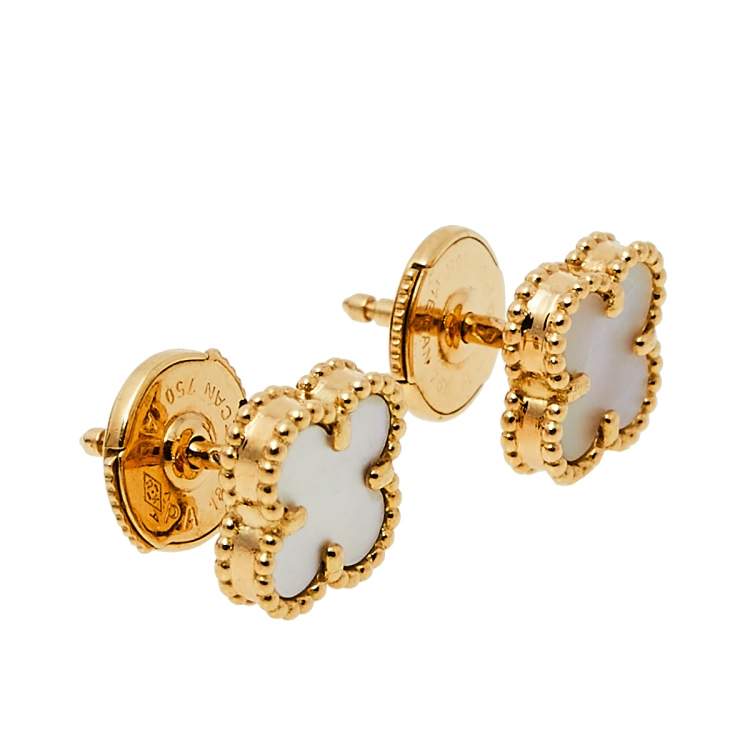 Pre Owned Van Cleef & Arpels Sweet Alhambra Mother of Pearl 18k Yellow Gold Stud Earrings