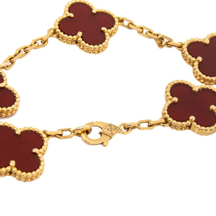 Pre Owned Van Cleef & Arpels Vintage Alhambra Carnelian 18K Yellow Gold Station Bracelet