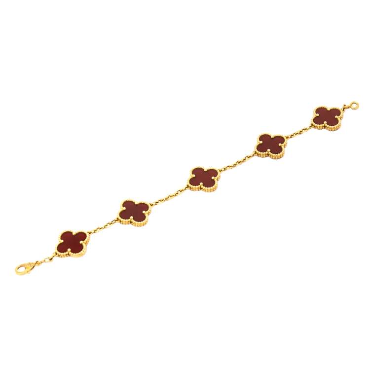 Pre Owned Van Cleef & Arpels Vintage Alhambra Carnelian 18K Yellow Gold Station Bracelet