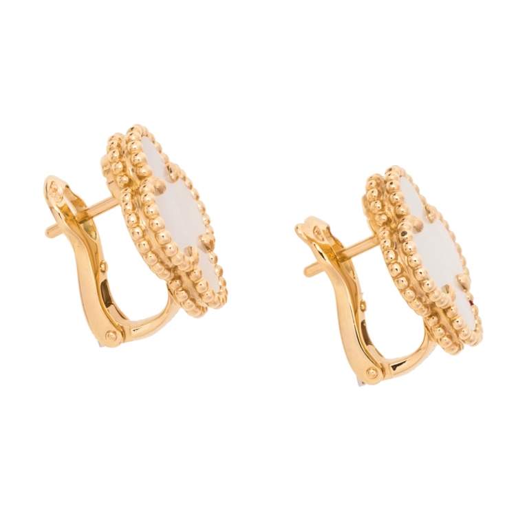 Pre Owned Van Cleef & Arpels Vintage Alhambra 18K Yellow Gold Mother of Pearl Stud Earrings