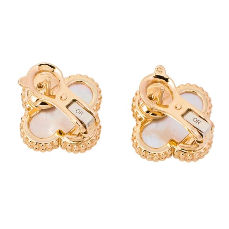 Pre Owned Van Cleef & Arpels Vintage Alhambra 18K Yellow Gold Mother of Pearl Stud Earrings