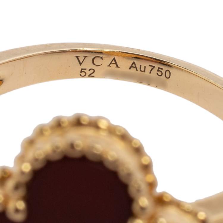 Pre Owned Van Cleef & Arpels Vintage Alhambra Carnelian 18K Yellow Gold Diamond Ring Size EU 52