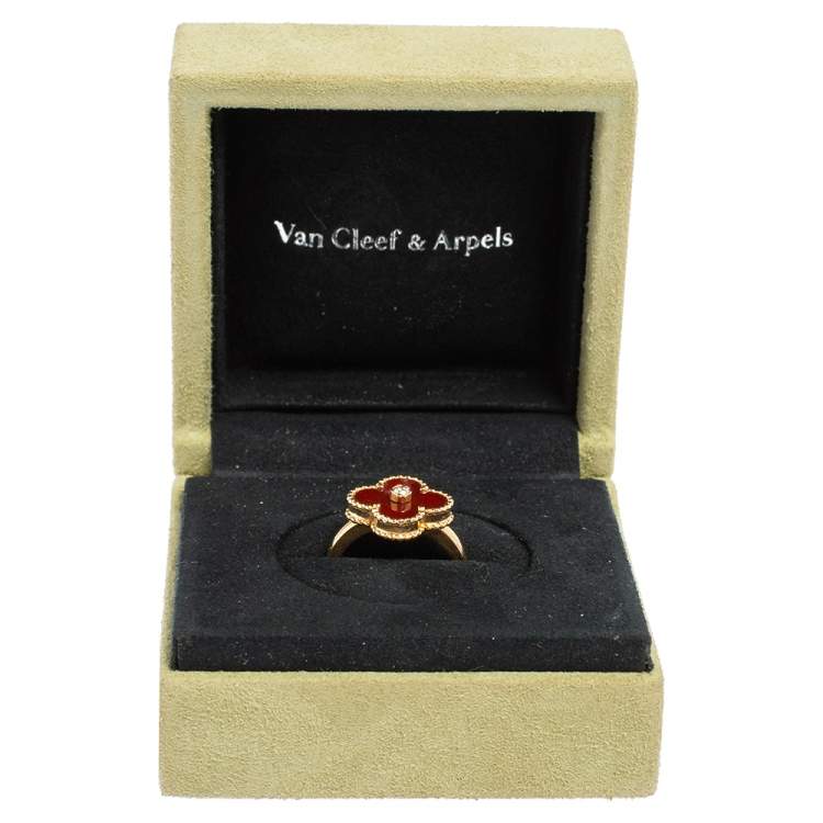 Pre Owned Van Cleef & Arpels Vintage Alhambra Carnelian 18K Yellow Gold Diamond Ring Size EU 52