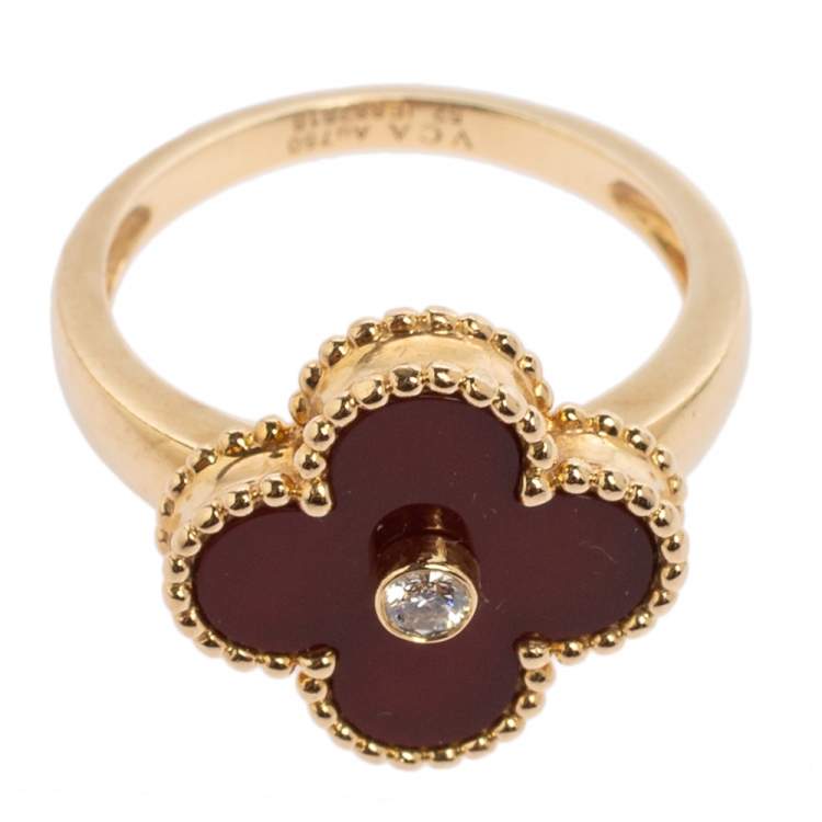Pre Owned Van Cleef & Arpels Vintage Alhambra Carnelian 18K Yellow Gold Diamond Ring Size EU 52