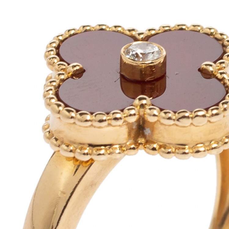 Pre Owned Van Cleef & Arpels Vintage Alhambra Carnelian 18K Yellow Gold Diamond Ring Size EU 52