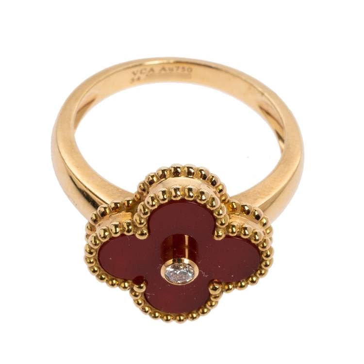 Pre Owned Van Cleef & Arpels Vintage Alhambra 18K Yellow Gold Diamond & Carnelian Ring Size 54