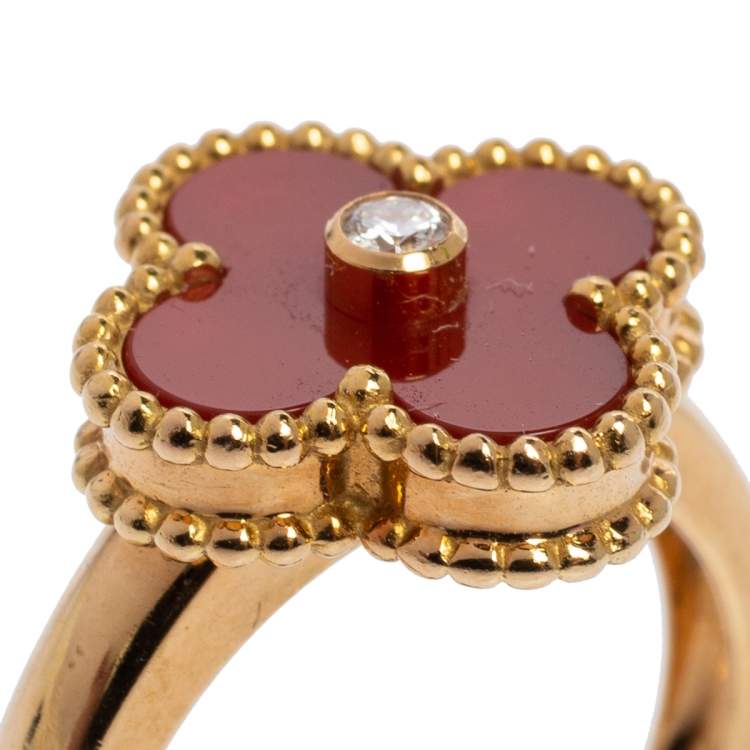 Pre Owned Van Cleef & Arpels Vintage Alhambra 18K Yellow Gold Diamond & Carnelian Ring Size 54