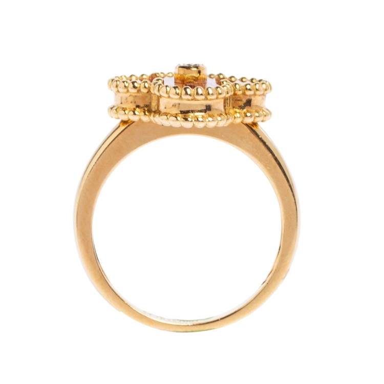 Pre Owned Van Cleef & Arpels Vintage Alhambra 18K Yellow Gold Diamond & Carnelian Ring Size 54