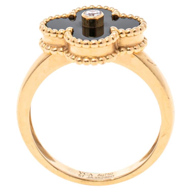 Pre Owned Van Cleef & Arpels Vintage Alhambra Diamond Onyx 18K Yellow Gold Ring Size 57