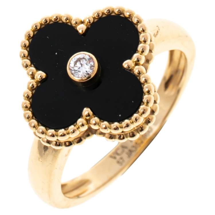 Pre Owned Van Cleef & Arpels Vintage Alhambra Diamond Onyx 18K Yellow Gold Ring Size 57