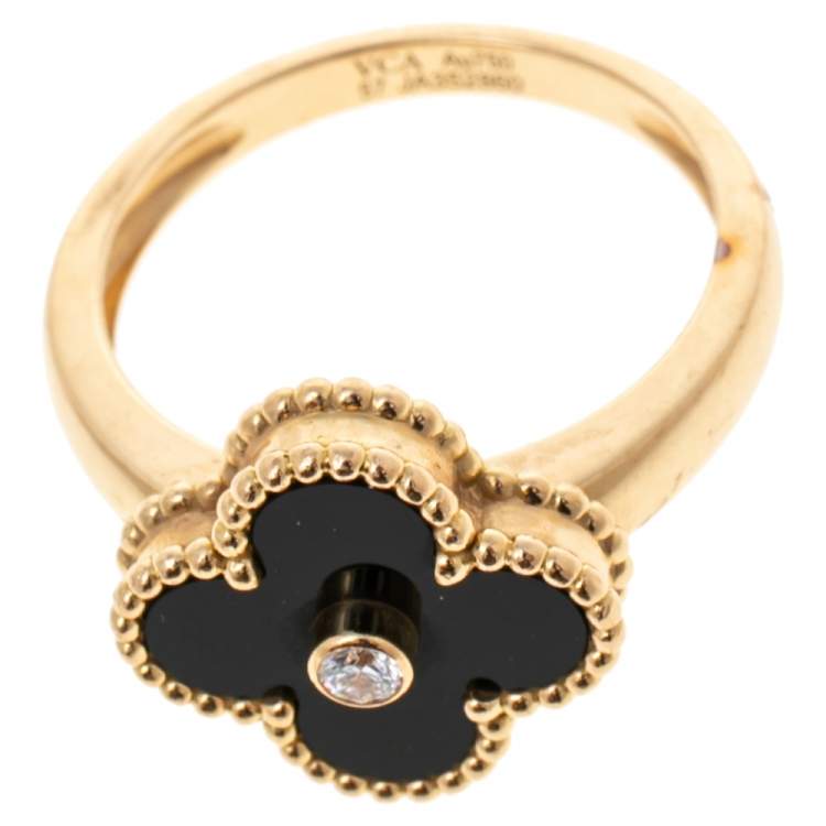 Pre Owned Van Cleef & Arpels Vintage Alhambra Diamond Onyx 18K Yellow Gold Ring Size 57