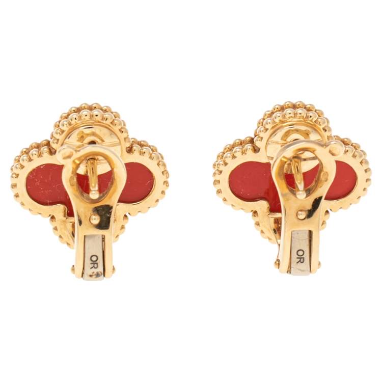 Pre Owned Van Cleef & Arpels Vintage Alhambra Carnelian 18K Yellow Gold Stud Earrings