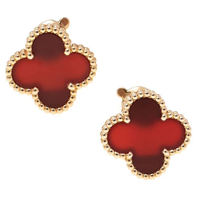 Pre Owned Van Cleef & Arpels Vintage Alhambra Carnelian 18K Yellow Gold Stud Earrings