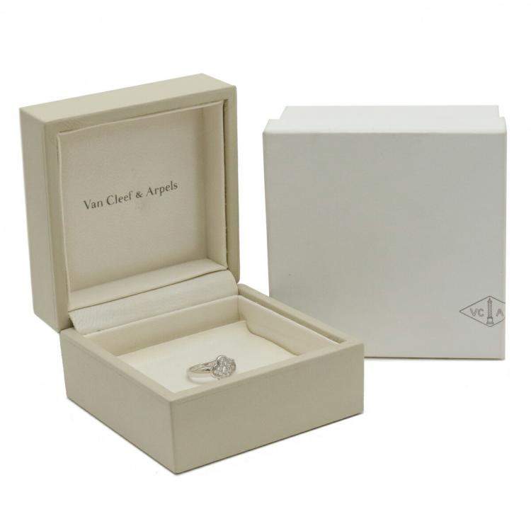 Pre Owned Van Cleef & Arpels Vintage Alhambra 18K White Gold Diamond Ring Size EU 50