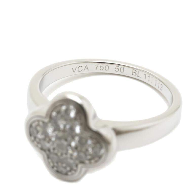 Pre Owned Van Cleef & Arpels Vintage Alhambra 18K White Gold Diamond Ring Size EU 50