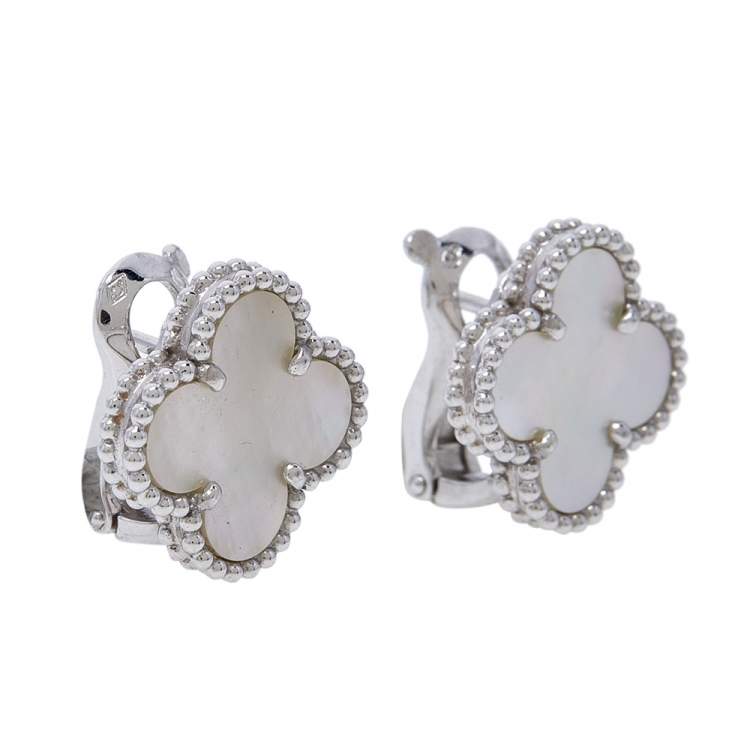 Pre Owned Van Cleef & Arpels Vintage Alhambra Mother of Pearl 18K White Gold Stud Earrings