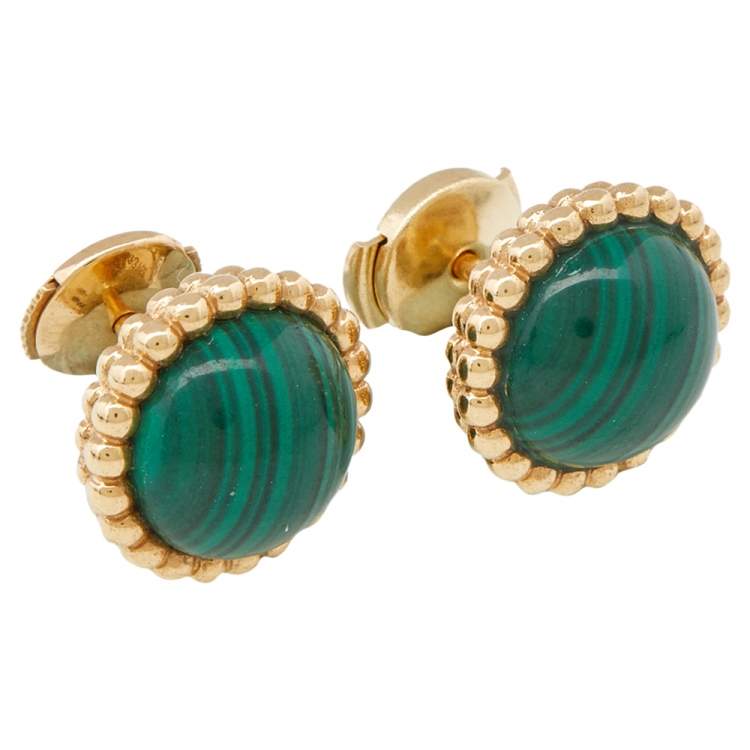 Pre Owned Van Cleef & Arpels Perlée Couleurs Malachite 18K Yellow Gold Stud Earrings