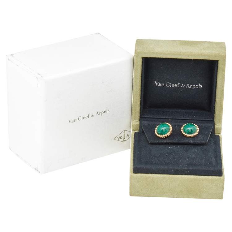 Pre Owned Van Cleef & Arpels Perlée Couleurs Malachite 18K Yellow Gold Stud Earrings