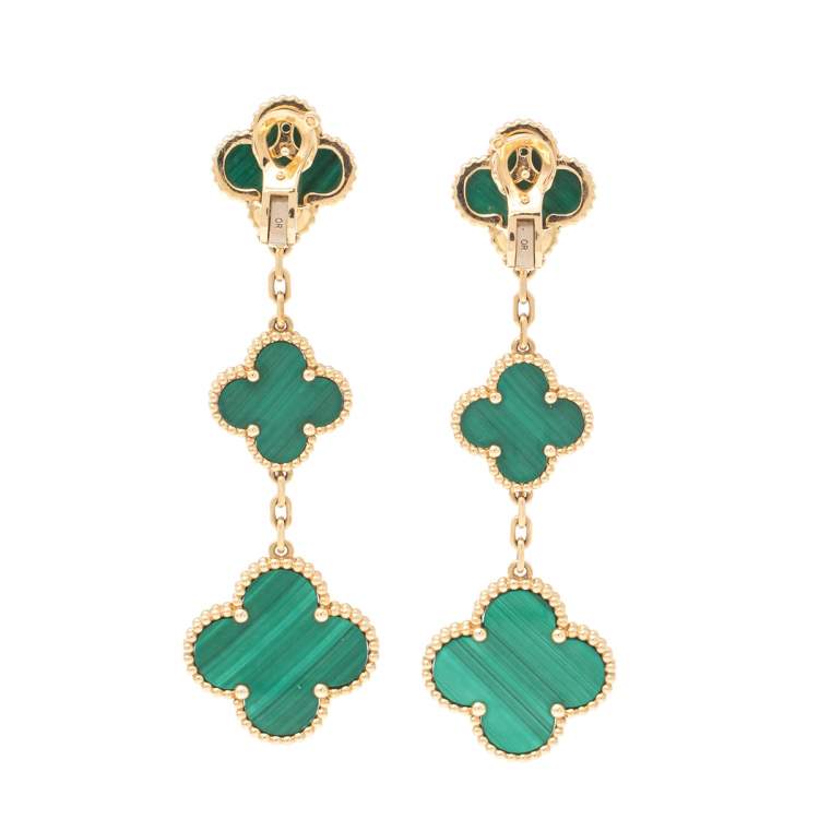 Pre Owned Van Cleef & Arpels Magic Alhambra Malachite 18K Yellow Gold Earrings 
