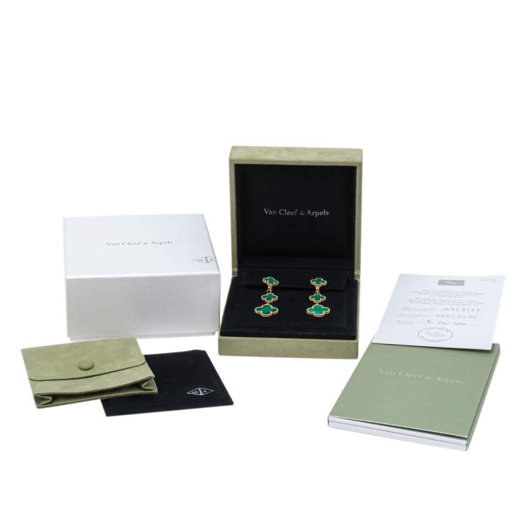Pre Owned Van Cleef & Arpels Magic Alhambra Malachite 18K Yellow Gold Earrings 