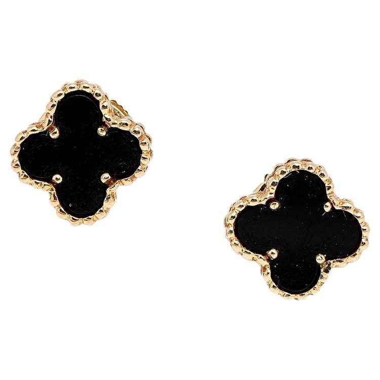 Pre Owned Van Cleef & Arpels Sweet Alhambra Onyx 18k Yellow Gold Stud Earrings