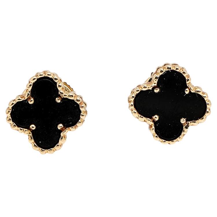 Pre Owned Van Cleef & Arpels Sweet Alhambra Onyx 18k Yellow Gold Stud Earrings