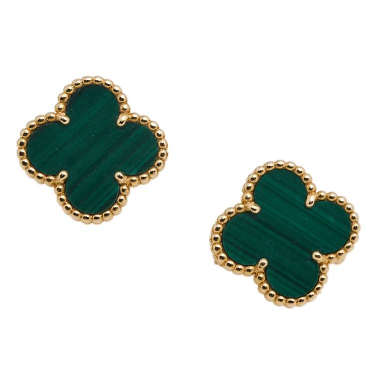 Pre Owned Van Cleef & Arpels Vintage Alhambra Malachite 18K Yellow Gold Stud Earrings