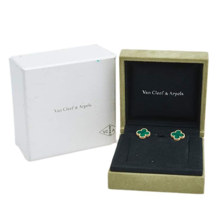Pre Owned Van Cleef & Arpels Vintage Alhambra Malachite 18K Yellow Gold Stud Earrings