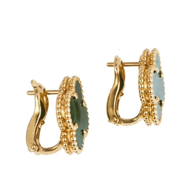 Pre Owned Van Cleef & Arpels Vintage Alhambra Malachite 18K Yellow Gold Stud Earrings