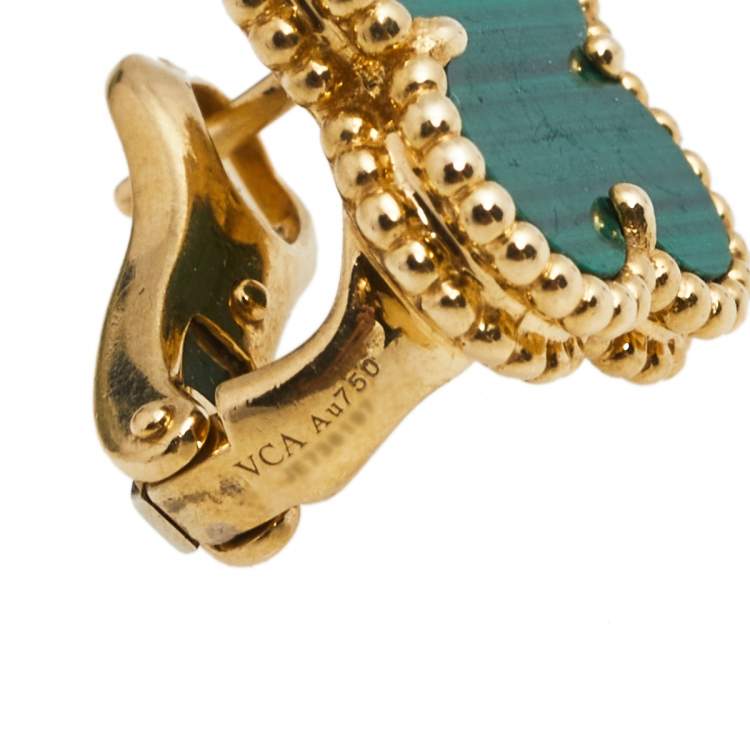 Pre Owned Van Cleef & Arpels Vintage Alhambra Malachite 18K Yellow Gold Stud Earrings