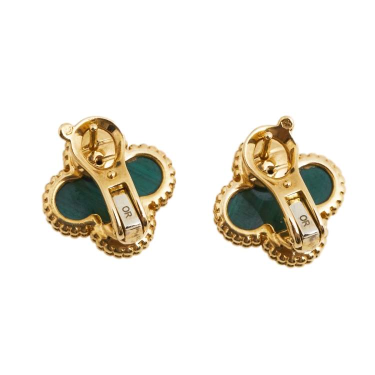 Pre Owned Van Cleef & Arpels Vintage Alhambra Malachite 18K Yellow Gold Stud Earrings
