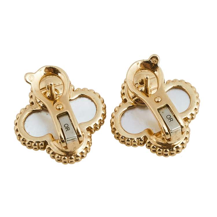 Pre Owned Van Cleef & Arpels Vintage Alhambra Mother of Pearl 18K Yellow Gold Earrings 