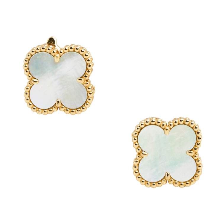 Pre Owned Van Cleef & Arpels Vintage Alhambra Mother of Pearl 18K Yellow Gold Earrings 