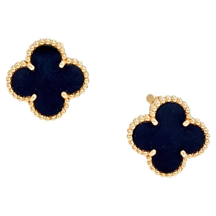 Pre Owned Van Cleef & Arpels Vintage Alhambra Onyx 18k Yellow Gold Stud Earrings