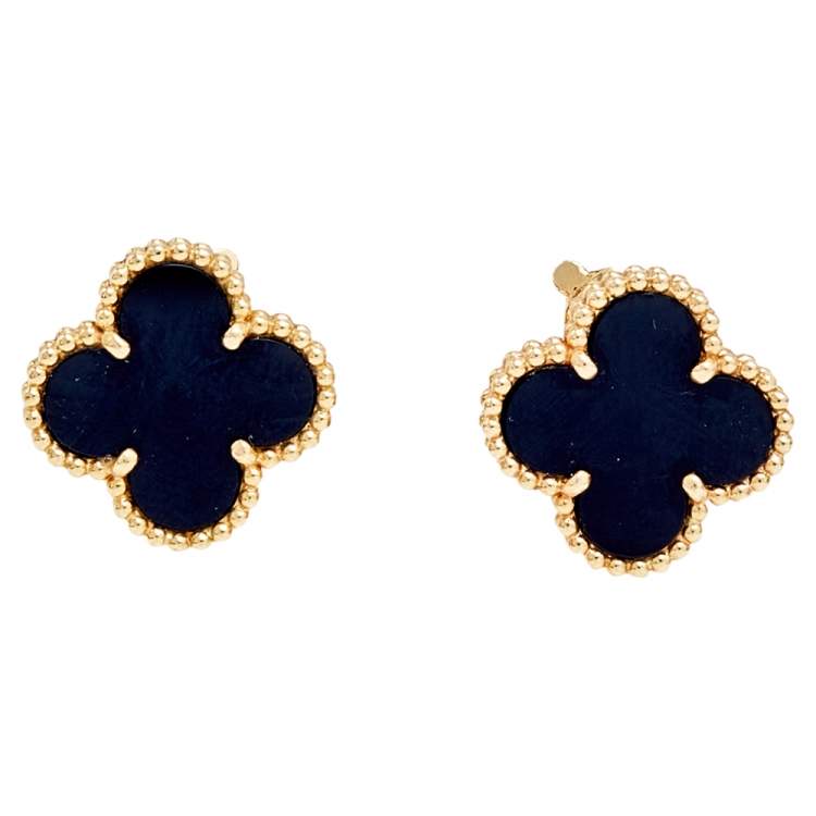 Pre Owned Van Cleef & Arpels Vintage Alhambra Onyx 18k Yellow Gold Stud Earrings