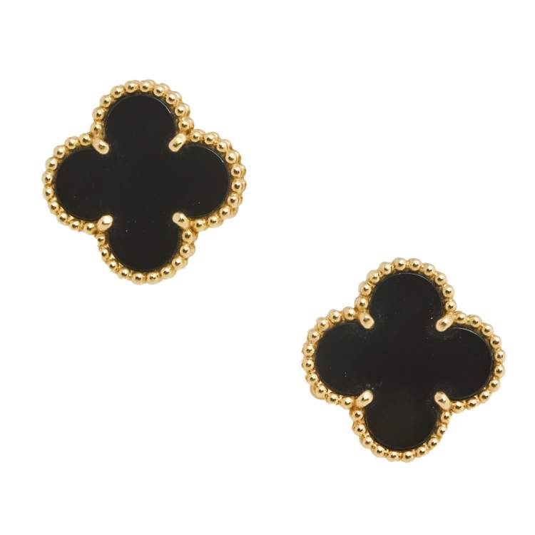 Pre Owned Van Cleef & Arpels Vintage Alhambra Onyx 18k Yellow Gold Stud Earrings